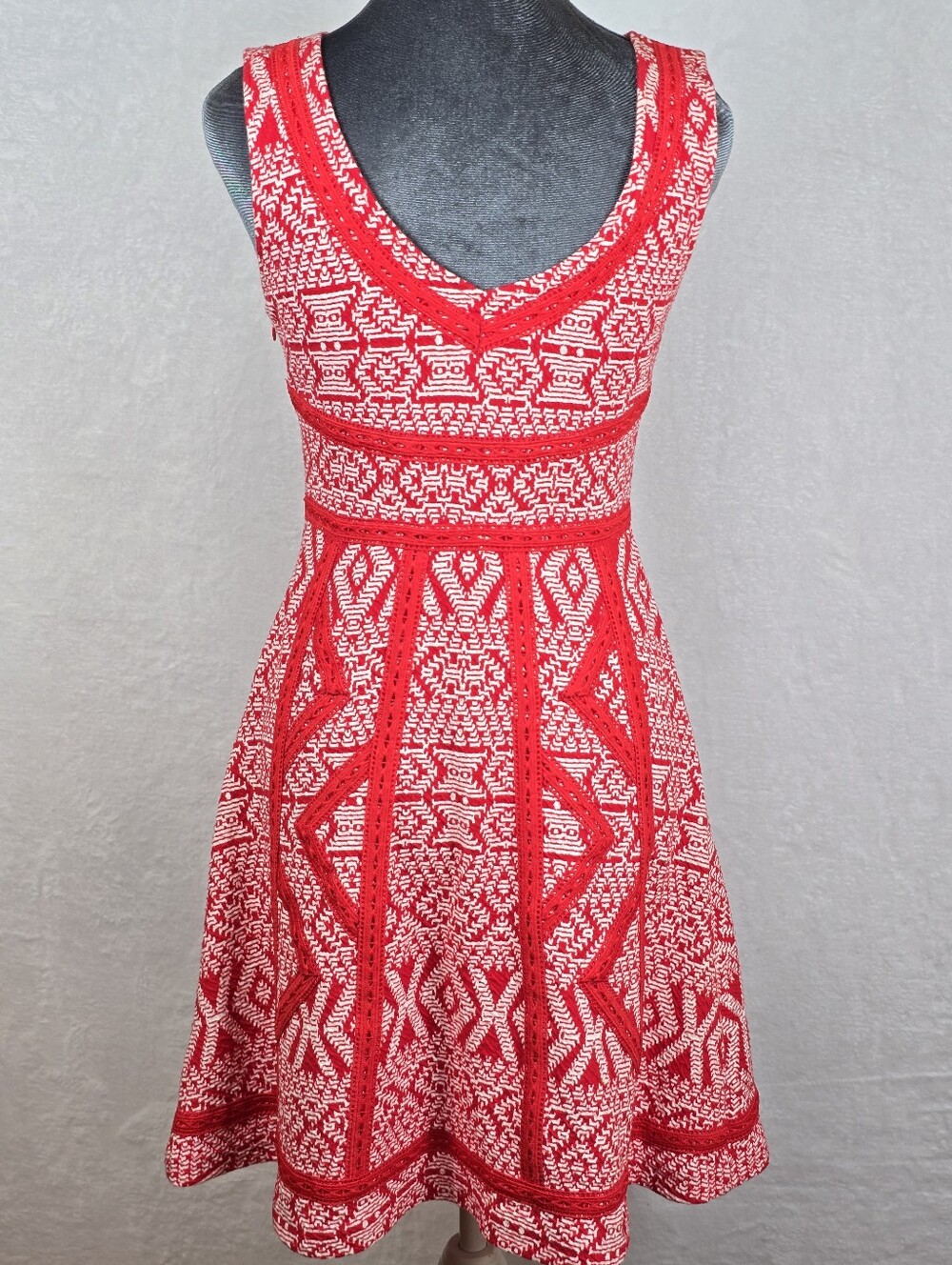 Maeve Emma Geometric Fit-Flare Embroidered Knit Dress Sz.0 Crochet Sleeveless - Picture 6 of 14